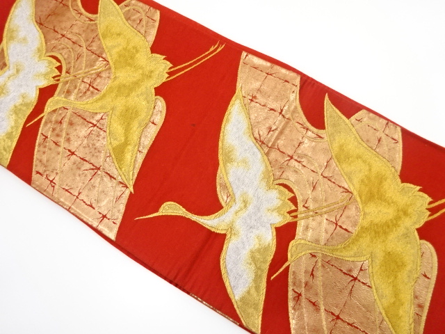 JAPANESE KIMONO / ANTIQUE FUKURO OBI / SILK / WOVEN STREAM & CRANES